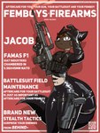 2023 3:4 anthro assault_rifle collar cover english_text famas felid feline fictional_magazine_cover gun handgun hi_res holding_object holding_ranged_weapon holding_weapon latex magazine_cover male mammal marcus_gray pistol qr_code ranged_weapon rifle solo standing text thick_thighs weapon wide_hips