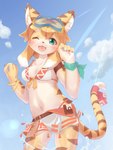 3:4 anthro bd_collie belt bikini black_nose blush breasts brown_body brown_fur chest_tuft cleavage clothed clothing cloud countershading cygames eyewear felid female female_anthro fur goggles green_eyes hi_res kemono lens_flare mammal mia_(world_flipper) navel one_eye_closed orange_body orange_fur pantherine sky small_breasts smile solo striped_body striped_fur stripes swimwear tail_decoration tiger tongue tuft two-piece_swimsuit white_body white_countershading white_fur wink world_flipper wristband yoshino_halu