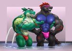 2021 abs alligator alligatorid anthro big_muscles black_body black_scales bulge clothing crocodilian dinosaur duo eyewear eyewear_on_head green_body green_scales hair hands_on_hips huge_muscles hybrid kai_(qaz) looking_at_viewer male male/male meerkatraka muscular muscular_anthro muscular_male navel open_mouth open_smile partially_submerged pec_grab pec_squeeze pecs ponytail prehistoric_species qaz reptile scales scalie shell signature smile speedo standing sunglasses sunglasses_on_head swimming_pool swimwear tattoo teeth turtle water