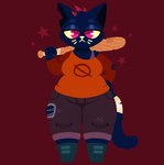 anthro bat_(object) clothed clothing domestic_cat felid feline felis female hi_res mae_borowski mammal naycelium night_in_the_woods simple_background solo standing