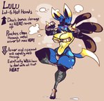 2023 anthro armor athletic big_breasts bikini_armor blue_body blue_fur blush blush_lines bodily_fluids breasts canid canine character_name clothing digital_media_(artwork) directional_arrow english_text female fur gameplay_mechanics generation_4_pokemon jinti lucario lumoura_(aurabutt) mammal nintendo one_leg_up open_mouth pokemon pokemon_(species) pokemorph raised_leg simple_background solo steam sweat tail tan_background text thick_thighs torn_clothing unconvincing_armor yellow_body yellow_eyes yellow_fur