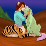 1:1 bottomless brown_hair chakat chakona_space clothed clothing duo equid equine eyes_closed felid felid_taur female female/female feral fetlocks foxenawolf fur goldfur's_cogsverse green_body green_fur hair hasbro herm_(lore) hooves horn kissing mammal mammal_taur my_little_pony mythological_creature mythological_equine mythology orange_body orange_fur outside pink_nose purple_hair striped_body striped_fur stripes taur tigerbright unicorn unicorn_horn violet_woods