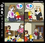 anthro barefoot blonde_hair bodily_fluids brown_hair canid canine canis comic domestic_dog eyewear feet female gab_(comic) gab_shiba gabshiba gaby_shiba gao_shiba glasses grandchild_(lore) grandparent_(lore) grandson_(lore) hair luggage male mammal momoko_shiba parent_(lore) pregnant satoshi_shiba shiba_inu smile son_(lore) spitz suitcase sweat sweatdrop text url young