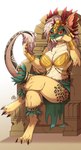 anthro auveiss big_breasts bikini breasts chair claws clothing digital_media_(artwork) fangs feathers female fluffy furniture hair hi_res huge_breasts ketzal lizard mask red_eyes reptile scalie solo swimwear tail teeth throne two-piece_swimsuit