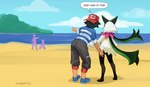 anthro ash_ketchum butt butt_grab dialogue duo felid feline generation_9_pokemon hand_on_butt hi_res human male mammal meowscarada nintendo pokemon pokemon_(species) smolevn