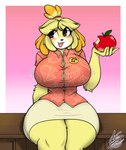 2023 animal_crossing anthro apple big_breasts blonde_hair blush breast_expansion breasts brown_eyes bulging_breasts button_(fastener) canid canine canis cleavage clothed clothing domestic_dog expansion fangs female food fruit fur hair hi_res huge_breasts huge_thighs isabelle_(animal_crossing) lunarspy mammal nintendo open_mouth plant shih_tzu signature sitting smile solo straining_buttons teeth text thick_thighs toy_dog wide_hips yellow_body yellow_fur