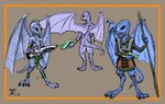 alien anthro black_eyes droyne duo female grey_background grey_body grey_skin gun handgun male pistol ranged_weapon rifle science_fiction seriayne simple_background staff standing traveller_rpg weapon wings