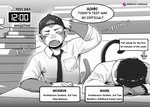 anthro clothed clothing desfrog duo english_text eyebrows eyes_closed fingers haplorhine hi_res male mammal mark_(desfrog) monkey monkin_(desfrog) monochrome necktie open_mouth primate shirt tail text topwear