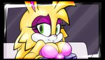 2015 anthro archie_comics big_breasts blush breasts bunnie_rabbot cybernetic_arm cybernetic_limb cybernetics eyelashes eyeshadow female fur green_eyes lagomorph leporid machine makeup mammal purple_eyeshadow rabbit raccoonshinobi sega slightly_chubby slightly_chubby_female smile solo sonic_the_hedgehog_(archie) sonic_the_hedgehog_(comics) sonic_the_hedgehog_(series) yellow_body yellow_fur