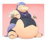 after_transformation anthro aqua_(kingdom_hearts) barely_contained belly big_belly blue_eyes blue_hair breasts clothed clothing common_hippopotamus female fingerless_gloves gloves hair handwear hippopotamid kingdom_hearts mammal nails overweight simple_background sitting solo square_enix subakitsu weight_gain