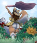 anthro back_boob big_breasts big_butt black_nose blue_sky blurred_background blurred_foreground bottomless bottomless_female bracelet breasts brown_hair butt canid canine canis cleavage clothed clothing cloud countershade_arms countershade_butt countershade_ears countershade_legs countershade_tail countershade_torso countershading cover digit_ring domestic_dog dress engagement_ring female fence flower fluffy fluffy_legs fluffy_tail freckles fur grass hair hat headgear headwear hi_res huge_breasts huge_butt husky inner_ear_fluff jewelry light long_hair mammal maya_ichiso mountain mountain_range nordic_sled_dog orange_body orange_fur plant red_husky rose_(flower) shrub sky snow solo spitz straw_hat stretching stylish_apollo summer sundress sunlight tail thick_thighs towel tuft white_body white_fur wide_hips