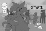 ambiguous_gender anthro biped blush dialogue english_text exclamation_point fur generation_4_pokemon generation_9_pokemon group hands_on_hips heart_symbol hi_res human lucario mammal meowscarada monochrome motion_lines nintendo open_mouth pokemon pokemon_(species) question_mark rear_view samu_(sincastermon) silhouette sincastermon sound_effects speech_bubble tail tail_motion tailwag teeth text vine_(sincastermon)