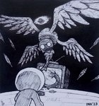 2023 absurd_res angel dogma_(tboi) duo electronics feathered_wings feathers flying halo hi_res inktober looking_at_another signature television the_binding_of_isaac_(series) theblueberrycarrots traditional_media_(artwork) wings