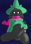 absurd_res anthro balls big_penis black_body black_fur black_sclera clothing deltarune erection eyewear foreskin fur genitals glasses hat headgear headwear hi_res horn humanoid_genitalia humanoid_penis lifting_robe long_penis male pawsta penis ralsei round_glasses scarf solo undertale_(series) white_eyes