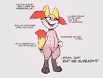 animal_genitalia animal_pussy anthro asking_for_death blush bodily_fluids brai_(slowderpyguy) braixen canid canine canine_genitalia canine_pussy collar english_text female fur generation_6_pokemon genital_fluids genitals gesture hand_gesture holding_object holding_pen imminent_death imminent_suicide inner_ear_fluff leaking_pussy looking_at_another mammal nintendo nipples open_mouth pen pointing pointing_at_self pokemon pokemon_(species) pussy red_eyes shaved_fur simple_background slowderpyguy solo standing text tuft vaginal_fluids yellow_body yellow_fur