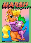 2014 age_difference anibaruthecat blonde_hair blue_eyes clothing comic cover cover_art cover_page cutie_mark digital_media_(artwork) dragon duo earth_pony english_text equid equine female friendship_is_magic hair hasbro hi_res horse hug looking_at_viewer male male/female mammal mature_female ms._harshwhinny_(mlp) my_little_pony mythological_creature mythological_scalie mythology older_female pony scalie spike_(mlp) tail text younger_male