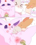 >_< absurd_res blush bodily_fluids brown_body comic eevee eeveelution espeon eyes_closed female feral food food_fetish food_in_pussy food_insertion food_play gaping gaping_pussy generation_1_pokemon generation_2_pokemon genital_fluids genitals group hi_res improvised_sex_toy larger_female misumasu nintendo one_eye_closed open_mouth penetration pink_body pokemon pokemon_(species) purple_eyes pussy shiny_pokemon size_difference smile spread_legs spreading trio urethra vaginal vaginal_fluids vaginal_penetration