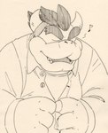 2_horns 4_fingers anthro bowser button_(fastener) clothing dress_shirt dressing dressing_up eyebrows eyes_closed fingers garouzuki horn koopa male mario_bros monochrome musical_note musical_symbol nintendo open_mouth reptile scalie shirt sketch solo symbol thick_eyebrows topwear