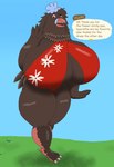 alythewolfcat animal_crossing anthro avian big_breasts bikini bird breasts brown_body brown_feathers chicken clothing english_text feathers female galliform gallus_(genus) hi_res huge_breasts huge_hips hyper hyper_breasts nintendo phasianid plucky_(animal_crossing) solo swimwear text two-piece_swimsuit wide_hips