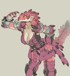 2024 absurd_res anthro armor big_breasts biped breasts capcom claws cleavage clothed clothing cuisse digital_media_(artwork) female female_anthro finger_claws hi_res monster_hunter multicolored_body orange_eyes pauldron pink_body pink_rathian pink_scales rath_wyvern rathian scales smile solo tassets white_body yellow_sclera yolabayola1