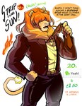 5_fingers absurd_res anthro biped clothed clothing dialogue english_text felid fingers fire flaming_tail hi_res lion male mammal mane pantherine sol_(solar_house) solar_house solo speech_bubble tail text vanadiumvalor