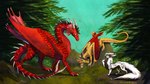 absurd_res chimera color_contrast deathsfeline draco_cretel dragon english_text female_(lore) feral group hi_res hoatzin_(draco_cretel) kin_(unyko) male_(lore) mythological_creature mythological_scalie mythology romantic scalie text trio