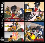 anthro bau_husky black_body black_eyes black_fur black_hair blue_eyes blush breath_powers canid canine canis chair clothed clothing comic dialogue distracted dobermann domestic_dog duo eating eating_food elemental_manipulation female fire fire_breathing fire_manipulation food fur furniture gab_(comic) gabshiba group hair hot_sauce husky infatuation karl_doberman laugh male mammal nordic_sled_dog on_chair open_mouth pain pictographics pinscher prank restaurant sitting sitting_on_chair spitz table taco text url waiter water