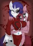 2018 black_eyes blood blue_eyes bodily_fluids breasts clothing dress duo equid equine eye_scar facial_scar female fishnet_clothing fishnet_legwear friendship_is_magic hasbro horn horse jrvanesbroek knife legwear little_miss_rarity little_miss_rarity_creepypasta looking_at_viewer mammal my_little_pony mythological_creature mythological_equine mythology pinkamena_(mlp) pinkie_pie_(mlp) pony rarity_(mlp) scar sharp_teeth smile teeth unicorn white_body