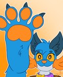 4_toes anthro badge blue_body blue_fur brown_clothing brown_pupils brown_shirt brown_topwear canid canine canis claws clothing delicious_in_dungeon feet foot_focus fur generation_3_pokemon gradient_background head_tuft hi_res hybrid interspecies male mammal nintendo orange_gills orange_nose orange_pawpads orange_sclera pawpads paws persim_scarf pinkfairy pokemon pokemon_(species) pokemon_mystery_dungeon pokephilia pupils raised_foot raised_paw shirt simple_background smile soles solo spike_chunsoft spread_toes swampert toe_claws toes topwear tuft white_body white_fur wolf xevy