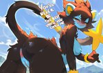 anthro anus ashraely black_body black_fur blue_body blue_fur breasts curvy_figure felid female fur generation_4_pokemon genitals hair looking_at_viewer looking_back luxray mammal nintendo nipples nude pokemon pokemon_(species) pussy rear_view simple_background solo tail voluptuous