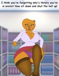 anthro big_breasts breasts camel_toe clothed clothing english_text eyewear felid female foxtide888 gesture glasses hand_gesture hazel_weiss leggings legwear librarian library lion looking_at_viewer looking_down mammal mature_female open_mouth pantherine panties pointing solo step_pose stepped_on teacher text underwear upskirt