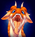 absurd_res addiemins blue_eyes creamsicle_(thegreattaz) dragon fangs feral hi_res horn male mouth_shot mythological_creature mythological_scalie mythology open_mouth orange_body orange_insides scalie solo teeth teeth_showing throat tongue tongue_out