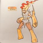 1:1 2018 4_fingers alternate_color ambiguous_gender anthro armor athletic athletic_ambiguous athletic_anthro belt biped boots clothing crown english_text fakemon fingers fire firefightdex fist flaming_hair footwear front_view frown full-length_portrait fur gauntlets generation_4_pokemon gloves glowing glowing_markings gold_(metal) handwear headgear hi_res infernape legwear looking_at_viewer mammal marco_fanjul marker_(artwork) markings mixed_media mostly_nude multicolored_body multicolored_fur nintendo pen_(artwork) pokemon pokemon_(species) portrait primate pseudo_hair red_eyes shadow shoes simple_background solo spread_legs spreading standing tan_body tan_fur text thigh_boots thigh_highs toony traditional_media_(artwork) two_tone_body two_tone_fur white_background white_body white_fur wide_stance