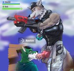 absurd_res animal_genitalia animal_penis anthro balls belt blep bodily_fluids bottomwear brown_body brown_fur butt canid canine canine_genitalia canine_penis canis clothed clothing digital_media_(artwork) duo ear_piercing ear_ring epic_games erection fingerless_gloves fingers fortnite fur genital_fluids genitals gloves hair handwear hat headgear headwear hi_res knot male male/male mammal open_belt open_mouth oral oral_penetration penetration penile penis piercing precum ring_piercing sex simple_background smile text tongue tongue_out topwear weapon wendell_(fortnite) white_body white_fur wolf zachary_aethern zachsroom