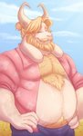 anthro arm_hair asgore_dreemurr beard belly blonde_hair blue_bottomwear blue_clothing blue_pants blue_sky body_hair boss_monster_(undertale) bottomwear bovid caprine chest_hair clothed clothing cloud eyes_closed facial_hair flower fur hair hands_on_hips hi_res horn male mammal mature_anthro mature_male moobs musclegut muscular mustache open_clothing open_shirt open_topwear outside overweight overweight_anthro overweight_male pants pink_clothing pink_shirt pink_topwear plant shirt sky solo thediyemi topwear undertale undertale_(series) white_body white_fur