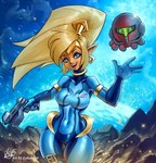 2024 blonde_hair blue_eyes breasts brown_body brown_skin clothing cosplay crossover crossover_cosplay duo ear_piercing ear_ring female genie gun hair handgun heart_squid_(shantae) hi_res humanoid humanoid_pointy_ears lukart96 metroid nintendo not_furry piercing ponytail ranged_weapon ring_piercing samus_aran shantae shantae_(series) signature wayforward weapon zero_suit