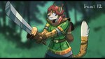 2024 absurd_res anthro backpack belt blurred_background clothing colored dipstick_ears dipstick_limbs dipstick_tail ear_markings female fictional_species forest forest_background fur gloves green_eyes growth hair handwear hi_res kerchief light_armor lynxuki markings melee_weapon multicolored_ears muscle_growth nature nature_background neckerchief neckwear plant red_hair riley_o'shane solo sword tail tail_markings tan_body tan_fur tree volkenfox weapon white_body white_fur