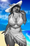 absurd_res anthro areola arm_tuft ash_the_fox beach big_areola big_breasts bikini black_nose breasts canid canine clothing countershade_legs countershade_neck countershade_torso countershading crossgender elbow_tuft female flirting flirting_with_viewer fox fur gloves_(marking) hair hat headgear headwear hi_res ineffective_clothing leg_markings long_hair looking_at_viewer mammal markings mature_female multicolored_body multicolored_fur navel outside patreon patreon_logo phrostbite public sarong seaside shawl slightly_chubby socks_(marking) solo sun_hat swimwear thick_thighs touching_hair translucent translucent_clothing tuft twirling_hair two-piece_swimsuit watermark white_bikini_bottom white_bikini_top wide_hips yellow_eyes