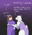 alternate_species anthro boss_monster_(undertale) bovid breasts brown_hair caprine clothing dialogue digital_media_(artwork) dress duo english_text female fingers frisk_(undertale) fur hair mammal robertge tail text toriel undertale undertale_(series) white_body white_fur