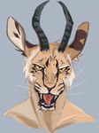 antelope anthro beastars bovid falconiforme_(artist) fangs fangs_bared felid gazelle hi_res horn hybrid leopard male mammal markings melon_(beastars) open_mouth pantherine solo spots spotted_markings teeth teeth_showing tongue tongue_out whiskers yellow_eyes