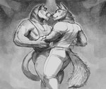 2024 anthro biped bottomwear canid canine canis clothing cougar dancing digital_media_(artwork) duo eye_contact felid feline grey_background greyscale hi_res looking_at_another male male/male male_anthro mammal monochrome muscular muscular_anthro muscular_male pants repzzmonster shirt simple_background smile smiling_at_another t-shirt tank_top topwear wolf