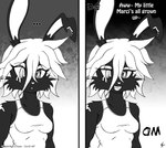 2016 anthro blake_sinclair breasts buckteeth clothing comic content_repetition duo english_text female hair hi_res if_hell_had_a_taste lagomorph leporid mammal monochrome notched_ear open_mouth rabbit scar shirt solo teeth text topwear two_panel_image viroveteruscy