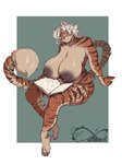 accessory anthro big_breasts black_stripes book breasts casual_nudity edel_(muttoverlord) eyewear felid female fluffy fluffy_tail fur furgonomics glasses grey_hair hair hi_res huge_breasts jewelry katfishcom long_tail mammal mature_female open_book orange_body orange_fur pantherine reading reading_book sitting solo striped_body striped_fur stripes tail tail_accessory tail_jewelry tiger