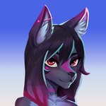 1:1 absurd_res anthro bust_portrait canid canine canis femboy fur hair heart_symbol hi_res jdblanc long_hair looking_at_viewer male mammal piercing pink_body pink_eyes pink_fur pink_hair portrait shun_(messy) simple_background smile solo white_body white_fur wolf