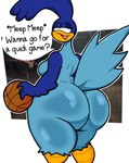 anthro avian ball basketball_(ball) beak bedroom_eyes big_butt bird blue_body blue_feathers butt crossgender cuculiform digital_media_(artwork) feathers female greater_roadrunner hi_res huge_butt lewdewott looking_at_viewer looking_back looney_tunes narrowed_eyes new_world_ground_cuckoo nude road_runner_(looney_tunes) roadrunner seductive simple_background solo tail tail_feathers text thick_thighs warner_brothers white_background