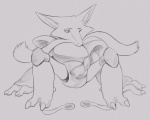 2016 alakazam animal_genitalia animal_penis anthro bodily_fluids cum cutlery erection generation_1_pokemon genital_fluids genitals graphite_(artwork) grey_background kitchen_utensils male mammal monochrome nintendo one_eye_closed penis pokemon pokemon_(species) simple_background solo spoon spread_legs spreading tools traditional_media_(artwork) wink yaroul