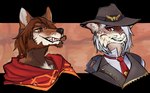 2018 alpha_channel alternate_species anthro ashe_(overwatch) beard blizzard_entertainment bobcat brown_eyes brown_hair bust_portrait canid canine canis cigar clothing cole_cassidy coyote duo ear_piercing ear_tuft eye_contact eyelashes facial_hair felid feline female furrification grey_hair grin hair hat headgear headwear jacket looking_at_another lynx male mammal meep_(artist) necktie overwatch piercing portrait red_eyes sharp_teeth shawl shirt smile smoking teeth topwear tuft