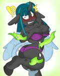 ?! alternate_species anthro areola arthropod blackbewhite2k7 blush bra breasts changeling clothing eyewear fangs female friendship_is_magic glasses green_eyes green_hair hair hasbro hi_res insect_wings juniper_montage_(eg) my_little_pony nipples panties solo teeth underwear wings