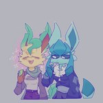 1:1 2023 anthro anthrofied blue_sclera clothed clothing duo eeveelution electronics eyes_closed female generation_4_pokemon glaceon half-length_portrait heart_symbol holding_object leafeon nintendo phone pokemon pokemon_(species) pokemorph portrait scarf softlybakeed tail tuft