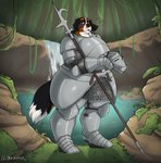 alcove anthro armor bernese_mountain_dog beth_(mcdoogiy) billhook canid canine canis chainmail clothed clothing conditional_dnp domestic_dog female floppy_ears forest full-length_portrait handwear headgear helmet hi_res holding_armor holding_headgear holding_helmet holding_object jezzlen lop_ears mammal molosser mountain_dog nature nature_background outside overweight overweight_female plant portrait rock solo standing surprise swiss_mountain_dog tail tree water waterfall weapon